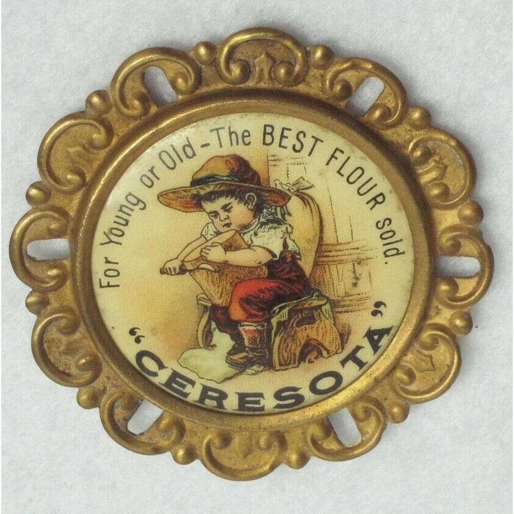 Antique 1910s Ceresota Flour Celluloid Pinback Button Brooch Frame Young or Old